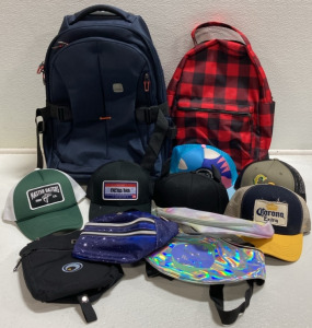 Rolling Navy Blue Backpack, Buffalo Plaid Red Backpack, (6) Fashion Ballcaps, (4) Fanny Packs