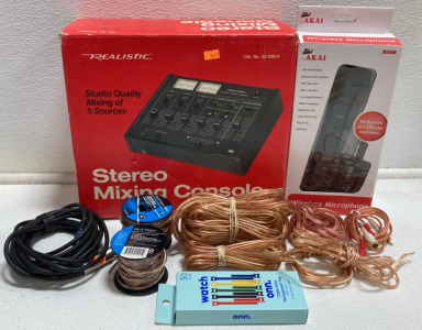 Realistic Stereo Mixing Console 32-1200A, Wireless Microphone, Assorted Audio and Speaker Cables, Pack of Cable Ties
