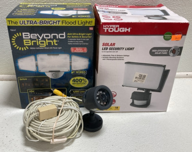 (2) LED Security Flood Lights, (1) Security Camera