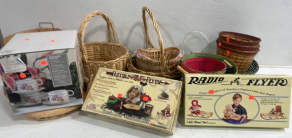 (3) Collectible Rafio Flyer Toy Sleds (11) Wicker Basket (1) Set of Garden Bloom China