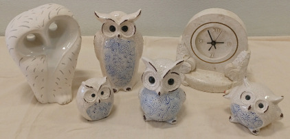 (5) Owl Figurines & (1) Decorative Clock