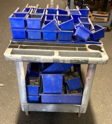 Plastic Rolling Cart w/ Assorted Fasteners, Bolts, and Fittings