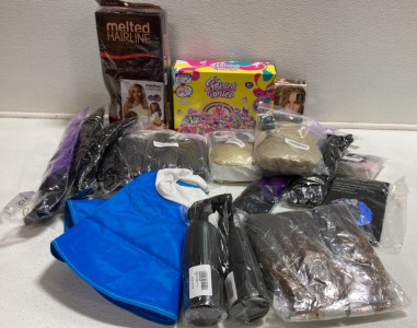 Assorted Wigs and Hair Extensions, Painted Ponies Puzzle, Inflatable Dog Cone and more