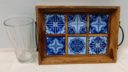 (1) Glass Vase & (1) Wooden Tray with Tiles