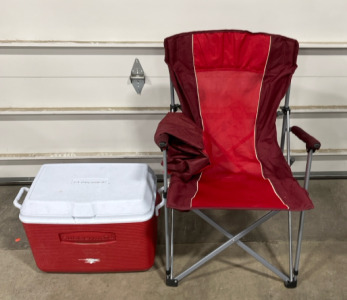 (1) red Camping Chair Padded Chair arms Has bag. (1) nice Matching Cooler Rubbermaid