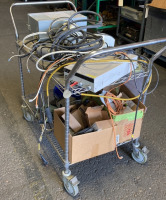 Metal Rolling Cart w/ Assorted Electronic Equipment and Parts