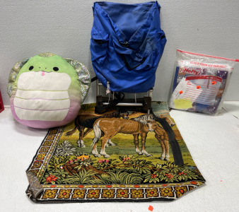 (1) Blue backpack (1) Snake Head Pillow (1) Tapestry With Horses Baby quilt 45x45