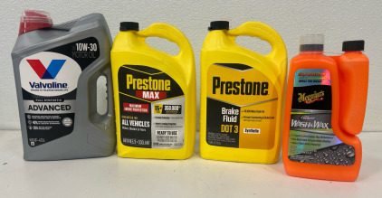 (1) Valvoline Advanced Full Synthetic SAE 10W-30 Motor Oil 5 QT (1) Prestone MAX antifreeze coolant 50/50 (1)Prestone Dot 3 Brake Fluid - 1 gal- Synthetic, High Grade, 50,000 mile (1) Meguiar's Hybrid Ceramic Wash & Wax - 48 Oz Wash with 8 Oz SiO2 Boost