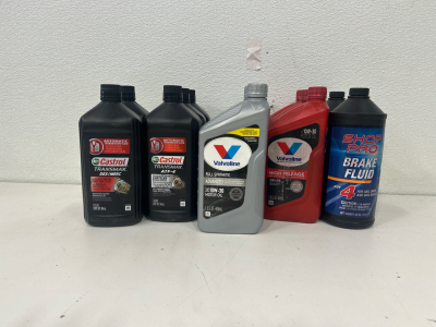 (2) Castrol Transmax DEX/MERC (3) Castrol Transmax ATF+4 (4) Valvoline Full Synthetic 10W-30 Motor Oil. (3) Valvoline High Mileage 10W-30 Motor Oil (2) Shop Pro Break Fluid