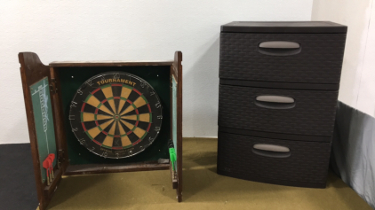 Sterilite (3) Drawer Plastic Cabinet & Dart Board W/Darts