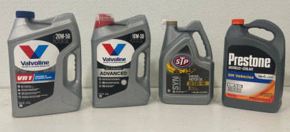 (1) Valvoline VR1 Racing SAE 20W-50 High Performance High Zinc Motor Oil 5 QT (1) Valvoline Advanced Full Synthetic SAE 10W-30 Motor Oil 5 QT (1) STP Synthetic Diesel Full Synthetic Engine Oil 5W-40 1 Gallon (1)Prestone DEX-COOL Antifreeze+Coolant Extende