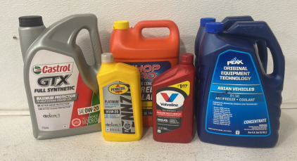 (1) Castrol (5qt) Full Synthetic SAE 0W-20 (3) Assorted (5qt) AntiFreeze And More!