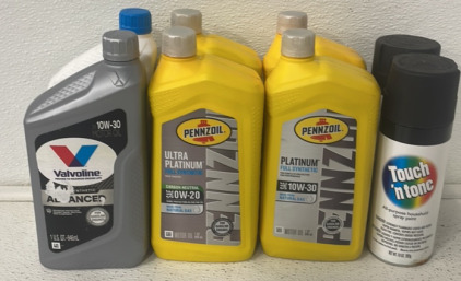 (2) Penzoil (1qt) SAE 10W-30 (2) Touch n’ Tone All Purpose Spray Paint (3) Assorted (1qt) SAE 10W-30 Oil and More!