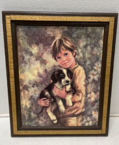 Boy and Dog Picture Vintage Art Decor Print 19 3/4" x 23 1/2" Wood Frame 2807