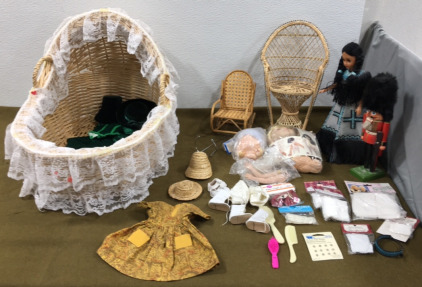 Wicker Bassinet & Assorted Doll Accessories