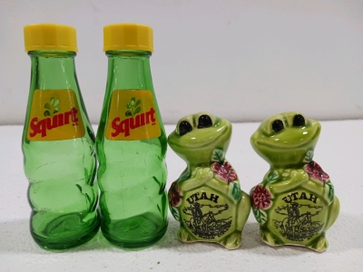 (1) Set of Vintage Squirt Soda Salt & Pepper Shakers (1) Set of Vintage Japanese Ceramic Utah Frog Salt & Pepper Shakers