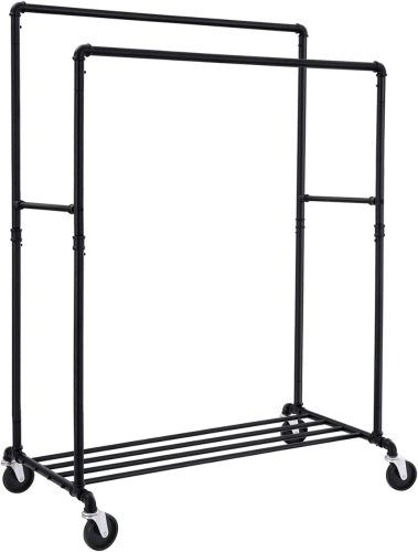 SONGMICS Heavy-Duty Clothes Rack, 39.4" with Storage Shelf, Double-Rod Garment Rack on Wheels, Metal Frame, 2 Casters with Brakes, Holds up to 198 lb, Black UHSR60B