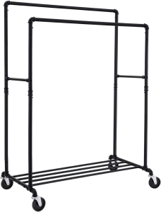 SONGMICS Heavy-Duty Clothes Rack, 39.4" with Storage Shelf, Double-Rod Garment Rack on Wheels, Metal Frame, 2 Casters with Brakes, Holds up to 198 lb, Black UHSR60B