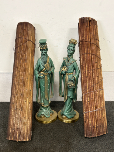 (2) Bamboo Blinds (34-1/4"x 60") And Pair Of Oriental Statues 25" Tall