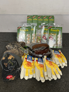 (5) New In Package Food Covers, (3) Realtree Hats, (5) Pairs Of North Star Gloves, (4) Water Resistant Pouches, And (4) Browning Belts Size 42