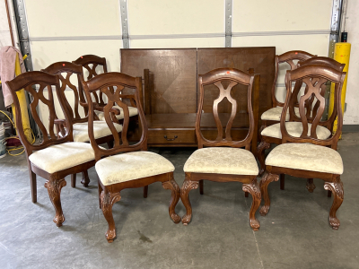 Dining Table Top, Base, And (8) Matching Padded Chairs