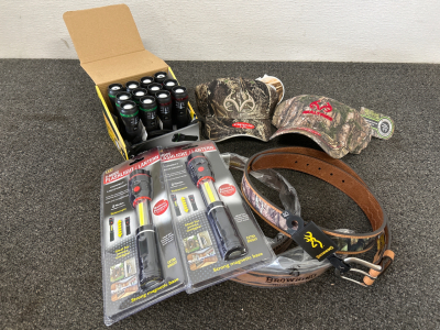 (2) Realtree Camo Hats (L-XL), (2) Browning Leather Belts (Size 40), And LED Flashlights