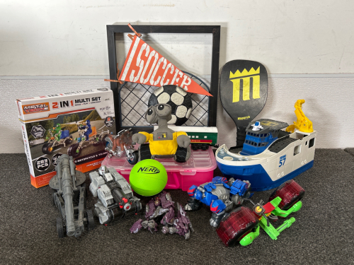 Youths Toys Including: Toy Boat, Nerf Ball, Motorcycle Toys, And More