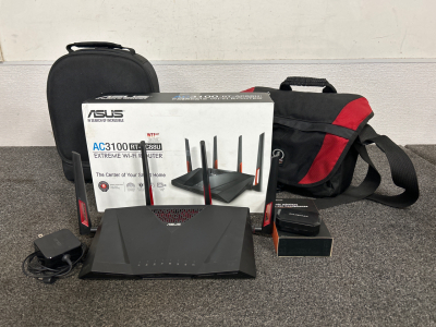 Tamrac Camera Bag, Rademax Wireless Headphones, Asus Wifi Router