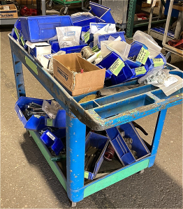 Plastic Rolling Cart w/ Bolts, Nuts, and Assorted Fittings