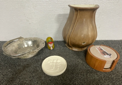 Metal Tray Made In Occupied Japan, 1974 Ceramic Vase, Designed Coasters, & Ceramic Coin