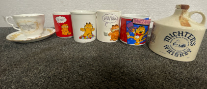 Michter&rsquo;s Whiskey Bottle, (4) Garfield Mugs, & A Commemorative Tea Cup