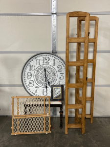 Large Wall Clock, Safety Gate, Vintage Bench, And Divider With Glass Panels