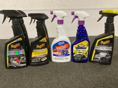(2) Meguiars All Wheel Cleaner, (2) Meguiars High Gloss Protectant, Meguiars Quik Detailer, Gunk Engine Cleaner & Degreaser, Black Magic Intense Tire Wet