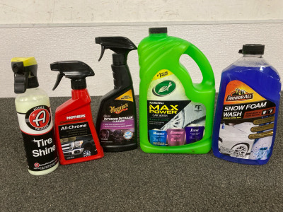 Admas All Pro Tire Shine, Mothers All Chrome Cleaner; Meguiars Interior Detailer, TurtleWax Max Power Car Wash, ArmorAll Snow Foam Wash