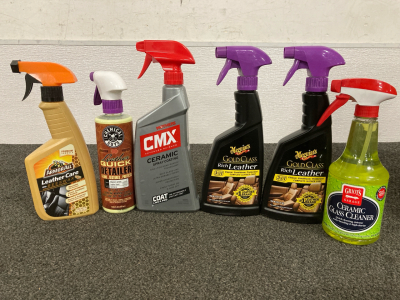 ArmorAll Leather Care, Chemica Boys Leather Detailer, CMX Ceramic Coating Spray, Groit Ceramic Cleaner, Meguiars Rich Leather Cleaner