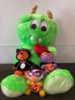 Very Large Green Alien Stuffie, Three Halloween Themed Stuffie Characters