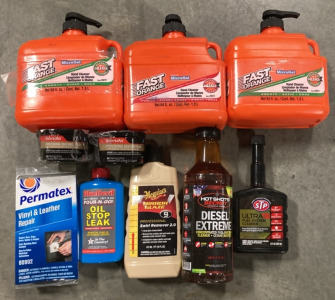 (3) Fast Orange MicroGel Hand Cleaners, (1) Permatex Vinyl & Leather Repair, Meguiars Mirror Glaze, Blue Devil Oil Stop Leak, Fuel Injector Cleaner & More