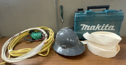 Hard Hat, Makita Case Copper Wiring, & Paper Joint Tape