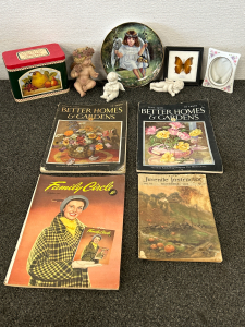 Vintage Betty Crocker Recipe Tin w/ Recipes Inside, Vintage Magazines, Collectible Angel Plate, Angel Figurines, Frames Butterfly Specimen (Real) & Ceramic Picture Frame