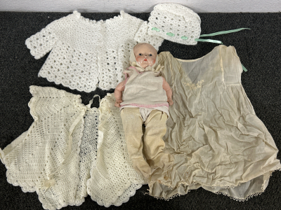 1900&rsquo;s Porcelain Baby Doll With Crocheted Infant Clothes & A Linen Infant Dress