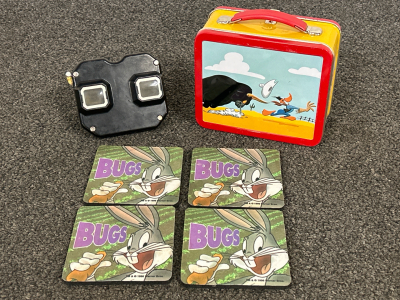 (1) Vintage Sawyers View-Master (No Reels) (1) Looney Tunes Small Metal Lunchbox & (4) Bugs Bunny Foam Coasters