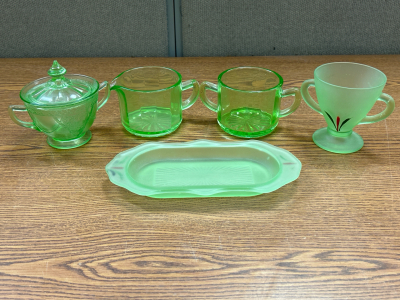 Vintage Depression Era Translucent Green Cream & Sugar Dishes & Tray With Matching Sugar Cube Dish (Possibly Uranium Glass)