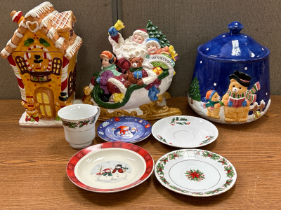 (3) Christmas Cookie Jars (1) Holly Tea Cup (2) Snowman Saucers & (2) Holly Saucers