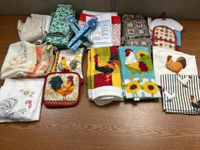 Rooster Themed Kitchen Towels w/ Hot Pads, Handmade Food Warmer/Cookers (Tortillas & Potatoes) & More