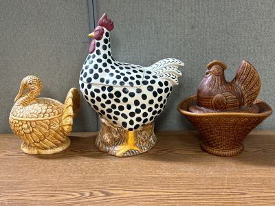 (2) Chicken Cookie Jars (1) Turkey Cookie Jar