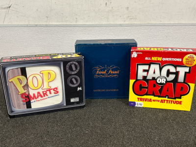 (3) Family Board Games: 1981 Trivial Pursuit (Master Game-Genus Edition, Fact Or Crap & Pop Smarts