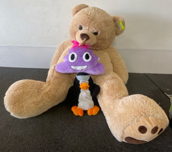 Jumbo Teddy Bear, Purple Poop Emoji Plush, & Penguin Plushy