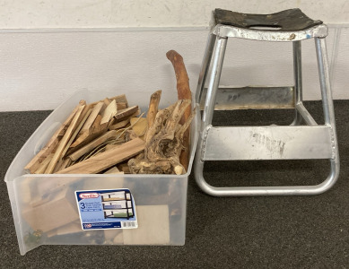 Small Box of Assorted Wood Pieces with Dirt Bike Stand