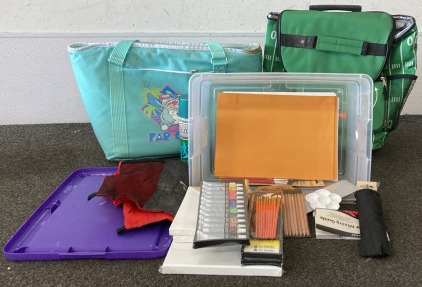 Box of Assorted Art Supplies and (3) Bags