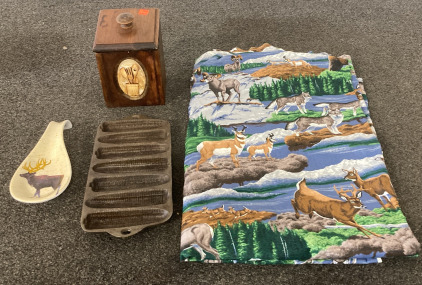 Vintage Cast Iron Corn Cob Mold, Vintage Silverware Box, Moose Ladle Rest, And Mountain Wildlife Fabric